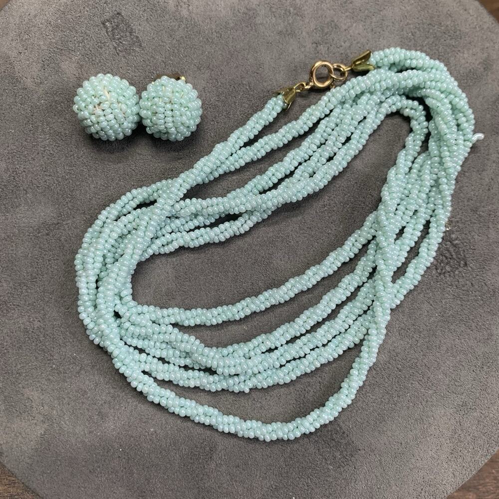 Vintage Aqua Seed Bead Rope Necklace 46” & Matching Beaded Clip Earrings